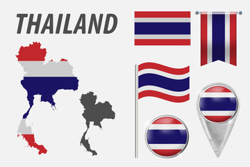 THAILAND. Collection of symbols in colors national flag on various objects isolated on white background. Flag, pointer, button, waving and hanging flag, detailed outline map and country inside flag.