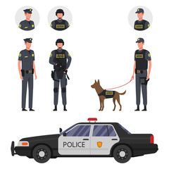 Policemen with a dog, police car