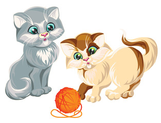 Vector Illustration of two kittens playing ball of yarn for knitting