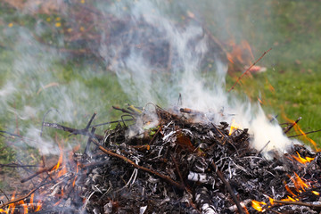 A large pile of burning branches and leaves with smoke.