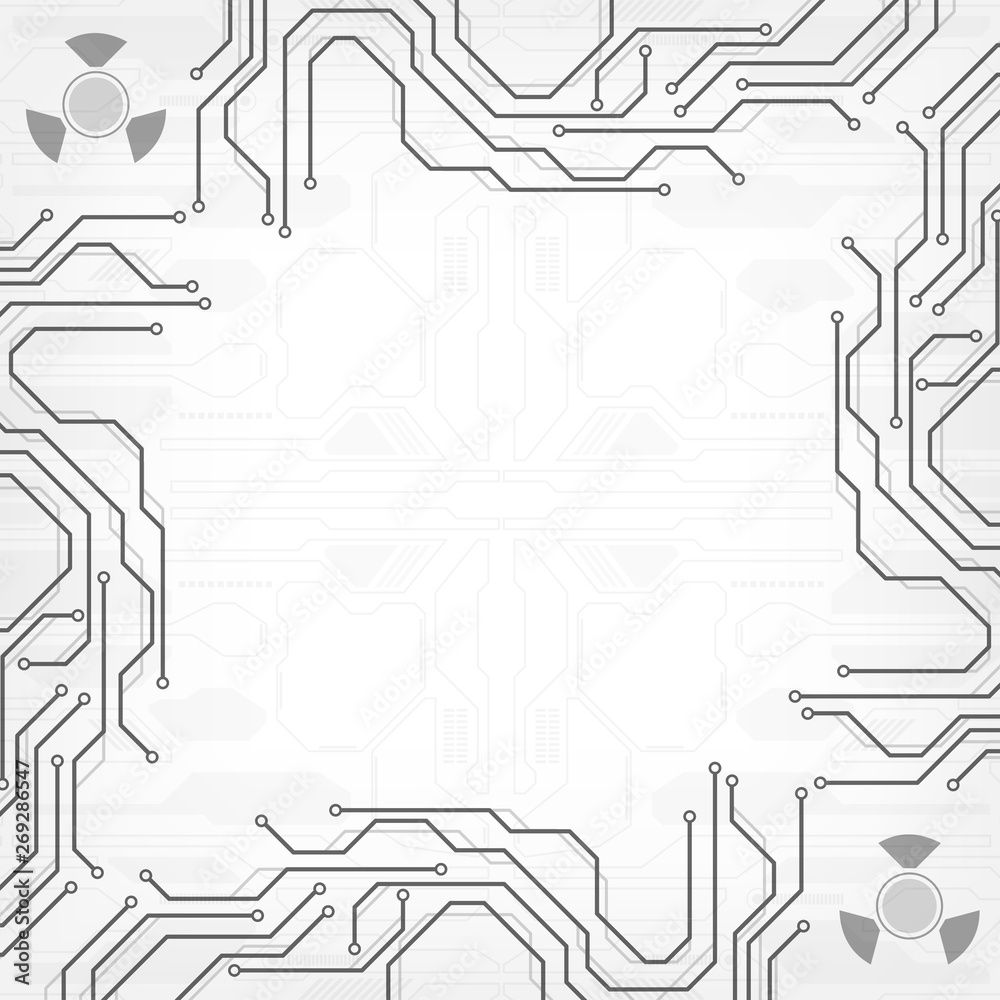 Aufkleber Circuit board grayscale tone futuristic digital technology communication system background template vector design. HUD element technology control panel texture illustration.