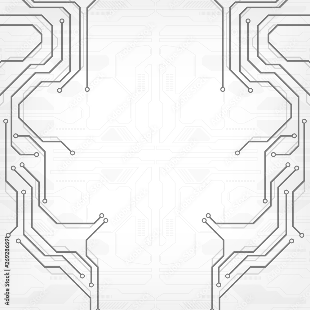 Aufkleber Circuit board grayscale tone futuristic digital technology communication system background template vector design. HUD element technology control panel texture illustration.