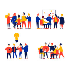 Office life, people work with computers, teamwork, meetings, team, brainstorming. Flat style vector illustration.	