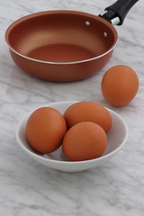 frying pan and eggs on kitchen counter