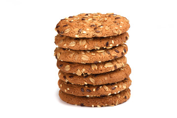 Oatmeal cookies with cereals isolated on white background. Sweet dessert.