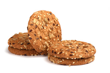 Oatmeal cookies with cereals isolated on white background. Sweet dessert.