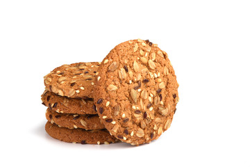 Oatmeal cookies with cereals isolated on white background. Sweet dessert.