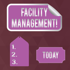 Writing note showing Facility Management. Business concept for maintenance of an organization s is buildings and equipment Color Label Self Adhesive Sticker with Border Corner and Tag