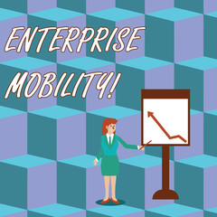 Handwriting text Enterprise Mobility. Conceptual photo Employees do jobs remotely using a mobile devices Businesswoman Holding Stick Pointing to Chart of Arrow Upward on Whiteboard