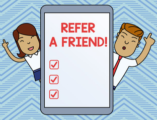 Word writing text Refer A Friend. Business photo showcasing direct someone to another or send him something like gift
