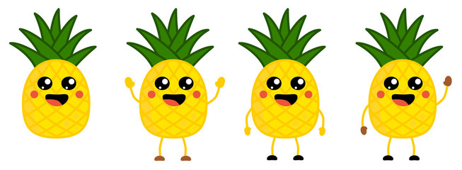 Cute kawaii style Pineapple fruit icon, large eyes, smiling with open mouth. Version with hands raised, down and waving.