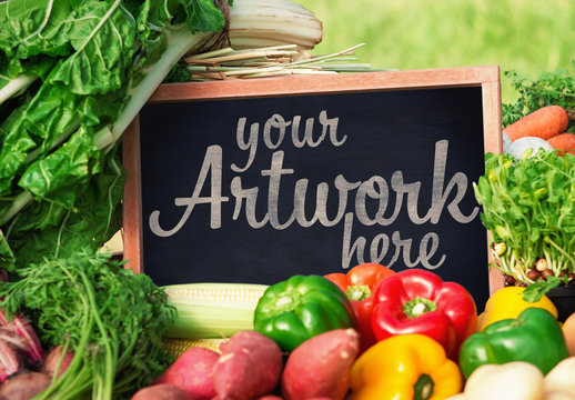 Blackboard With Produce In Market Mockup