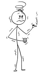 Vector cartoon stick figure drawing conceptual illustration of shaking drunk man holding smoking cigarette or cigar and glass of hard liquor. Concept or alcoholism.