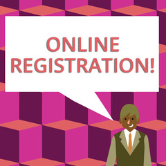 Text sign showing Online Registration. Business photo text registering via the Internet as a user of a product Businessman Smiling and Talking with Blank Rectangular Color Speech Bubble