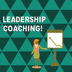 Writing note showing Leadership Coaching. Business concept for individualized process that builds a leader s is capability Woman Holding Stick Pointing to Chart of Arrow on Whiteboard