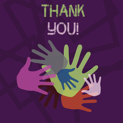 Word writing text Thank You. Business photo showcasing polite expression used when acknowledging gift service compliment Color Hand Marks of Different Sizes Overlapping for Teamwork and Creativity