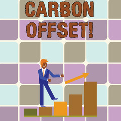 Handwriting text writing Carbon Offset. Conceptual photo Reduction in emissions of carbon dioxide or other gases Smiling Businessman Climbing Colorful Bar Chart Following an Arrow Going Up