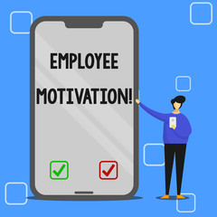 Handwriting text writing Employee Motivation. Conceptual photo Energy that a company s is workers bring to their jobs Man Presenting Huge Blank Screen Smartphone while Holding Another Mobile