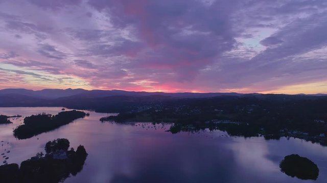 Drone Facing Sunrise High Right to Left , Windermere Sunrise Lake District