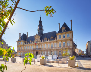 Renewed Simone-Veil square in front of city hall building in Reims, France - obrazy, fototapety, plakaty