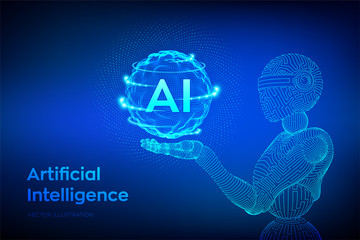 AI. Artificial intelligence. Wireframe robot. AI in robotic hand. Machine learning and cyber mind domination concept. Technology sci-fi concept. Graphic design concept of future. Vector illustration.