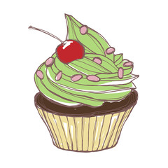 Hand drawn cupcake, vintage colorful food sketches, isolated on white background. Vector illustration.