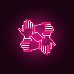 Four hands hold together neon icon. Elements of Team work set. Simple icon for websites, web design, mobile app, info graphics