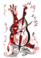 exquisite giraffe plays cello in Khokhloma painting