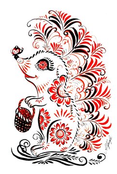 hedgehog and a basket of berries in Khokhloma paintin
