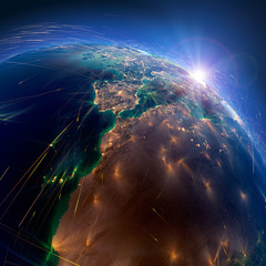 Detailed air routes on Earth. West Africa, Morocco. 3D rendering