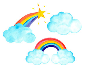 Sky magic set with clouds and rainbows. Watercolor illustration on a white background. Isolated.