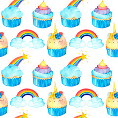 Magic seamless pattern with unicorn, cupcakes, and rainbow in a row. Watercolor illustration. Isolated on a white background.
