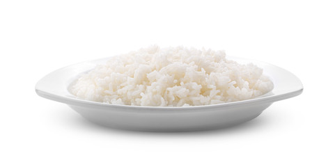 Cooked Jasmin Rice in white plate on white background