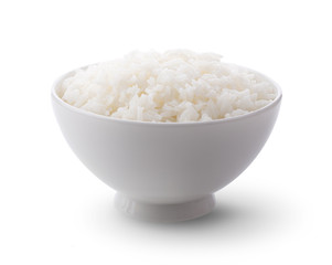 Cooked Jasmin Rice in white bowl on white background. full depth of field