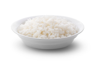 Cooked Jasmin Rice in white plate on white background