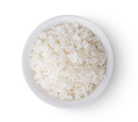 jasmine rice in white plate on white background. top view