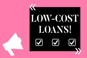 Text sign showing Low Cost Loans. Business photo text loan that has an interest rate below twelve percent Isolated Megaphone Pointing Upward to Empty Text Box in Quotation Marks