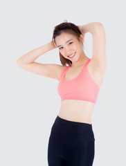 Fototapeta na wymiar Beautiful portrait young asian woman standing stretch muscle arm isolated on white background, girl wear sport clothes exercise and yoga for health, wellness concept.