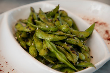 Closeup of salted edamame beans
