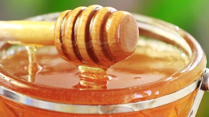 Honey dripping from honey dipper. 