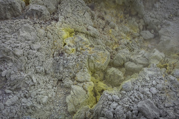 view of crater on active mountain with sulfur gas come out from stone. Beautiful landscape of mount Papandayan. Papandayan Mountain is one of the favorite place to hike on Garut.