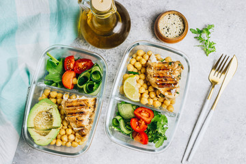 Grilled chicken and fresh vegetable salad. Healthy diet food concept. On a light background, top view