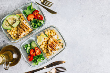 Grilled chicken and fresh vegetable salad. Healthy diet food concept. On a light background, top view