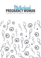 Pregnancy banner. In vitro fertilization. Artificial insemination. Hand draw sketch background with moving spermatozoons and female egg.