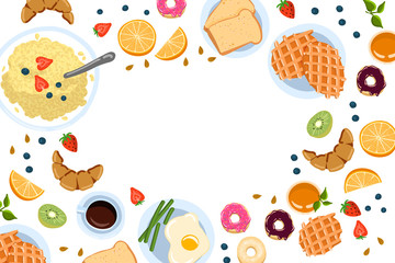 Still life with breakfast in a flat doodle style top view And with place for text vector illustration