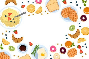Muurstickers Still life with breakfast in a flat doodle style top view And with place for text vector illustration © Sergey