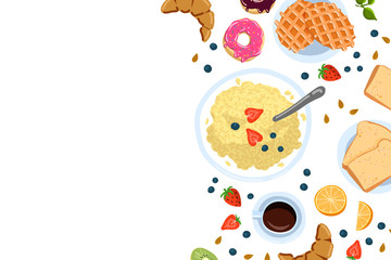 Still life with breakfast in a flat doodle style top view And with place for text vector illustration