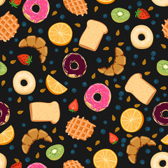 Seamless vector pattern with kawaii breakfast things on black background perfect for wrapping paper backgrounds etc.