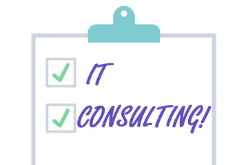 Handwriting text It Consulting. Conceptual photo Focuses on advising organizations hot to analysisage their IT Isolated Blank Vertical Clipboard with Two Check Boxes and Green Ticks