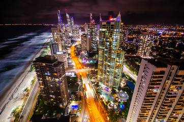 Fototapeta na wymiar night aerial view of gold coast downtown